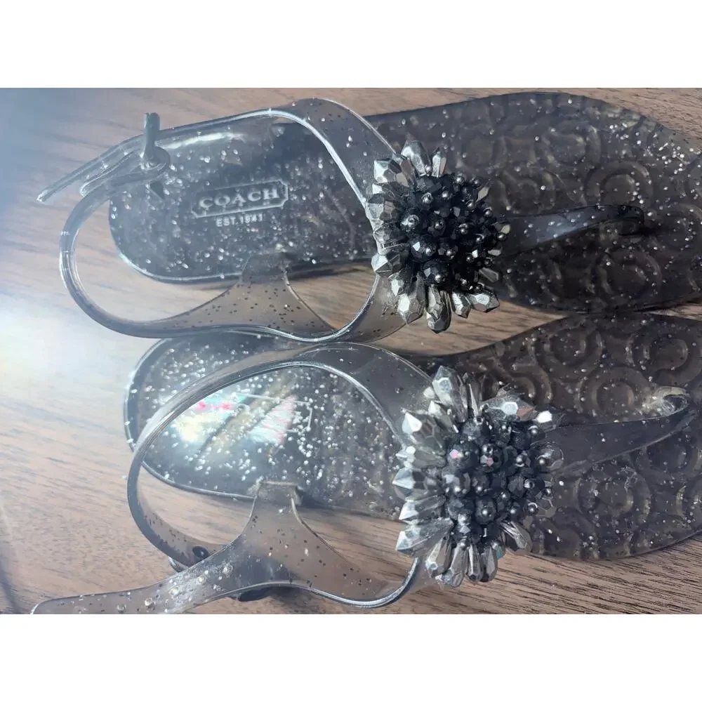 Coach Hilda Black Glitter Jelly Sandals Crystal Beaded Flower Thong